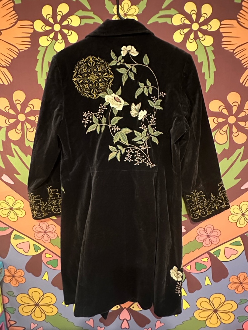 Cabi Black Velvet Embroidered Vintage Coat